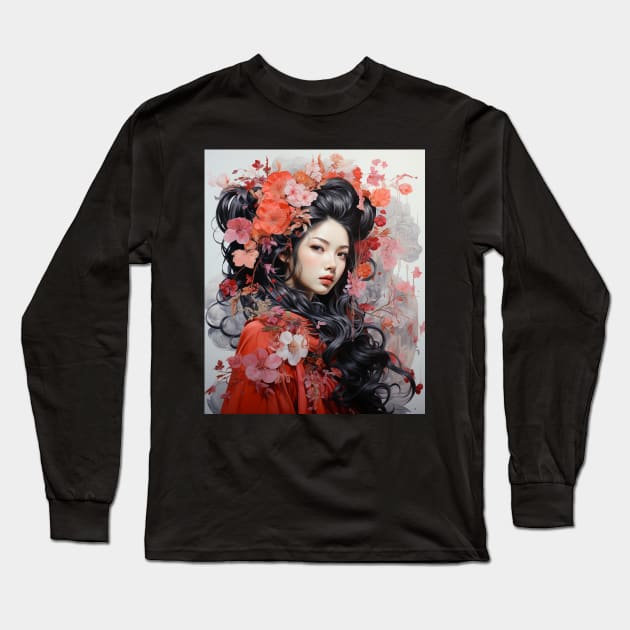 Painting Japanese Geisha Art Flowers Sakura Blossoms in Hair Long Sleeve T-Shirt by Spit in my face PODCAST